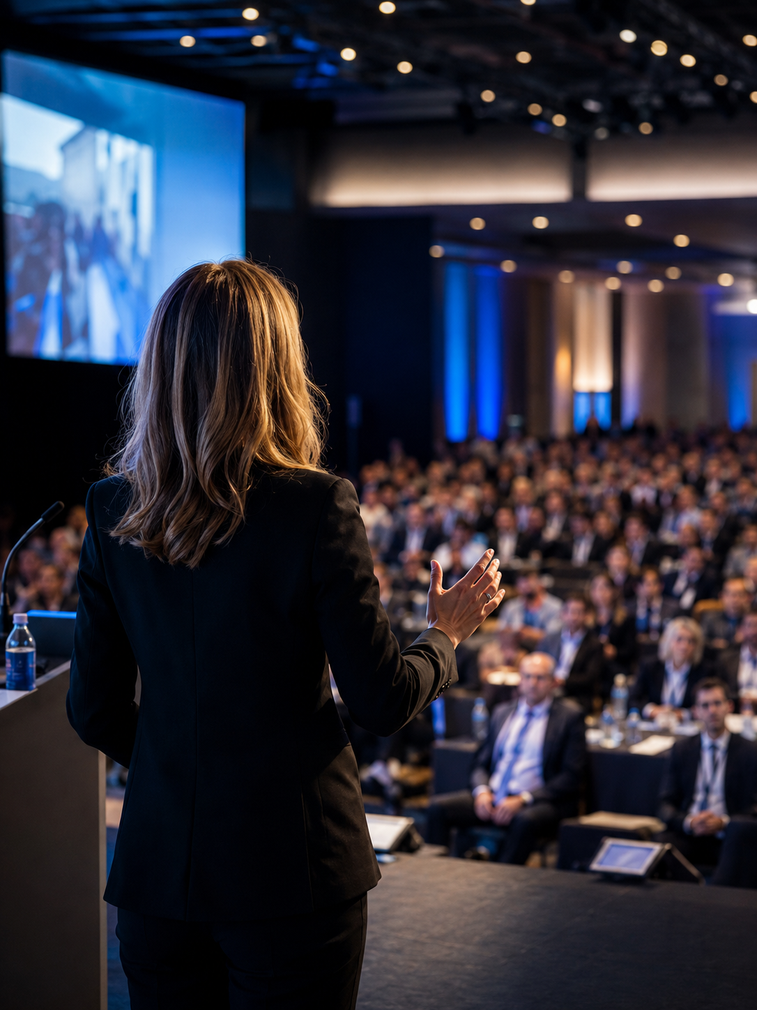 Presenter speaking to an audience at a corporate event