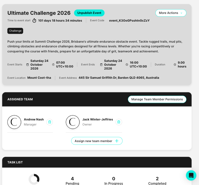 Circolo event dashboard showing event details, assigned team and task progress