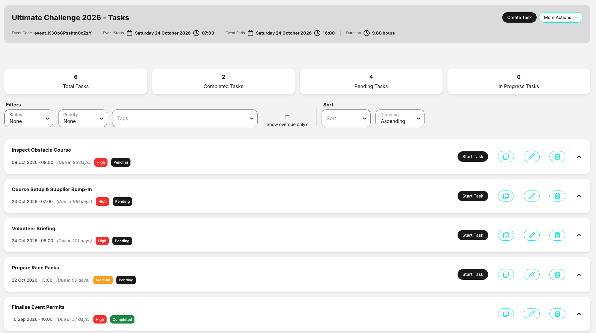 Circolo task management screen showing event tasks, priorities and progress