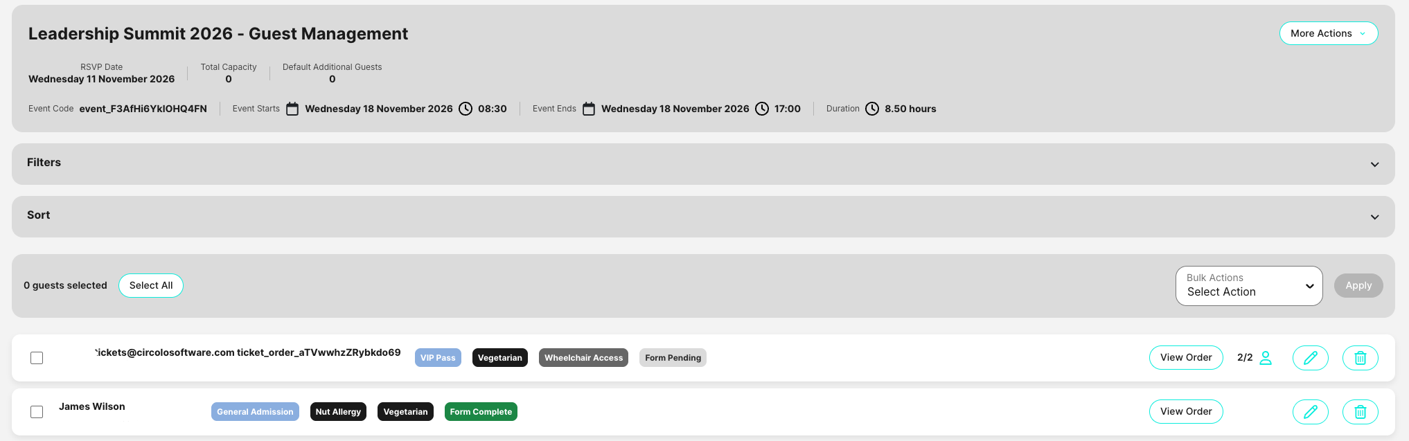 Circolo guest management screen showing guest details, requirements and form status