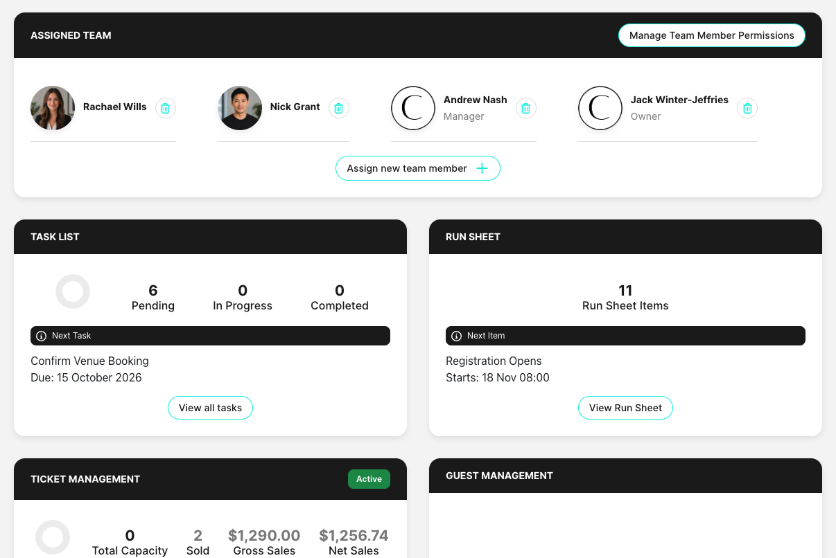 Circolo event dashboard showing event details, assigned team and task status