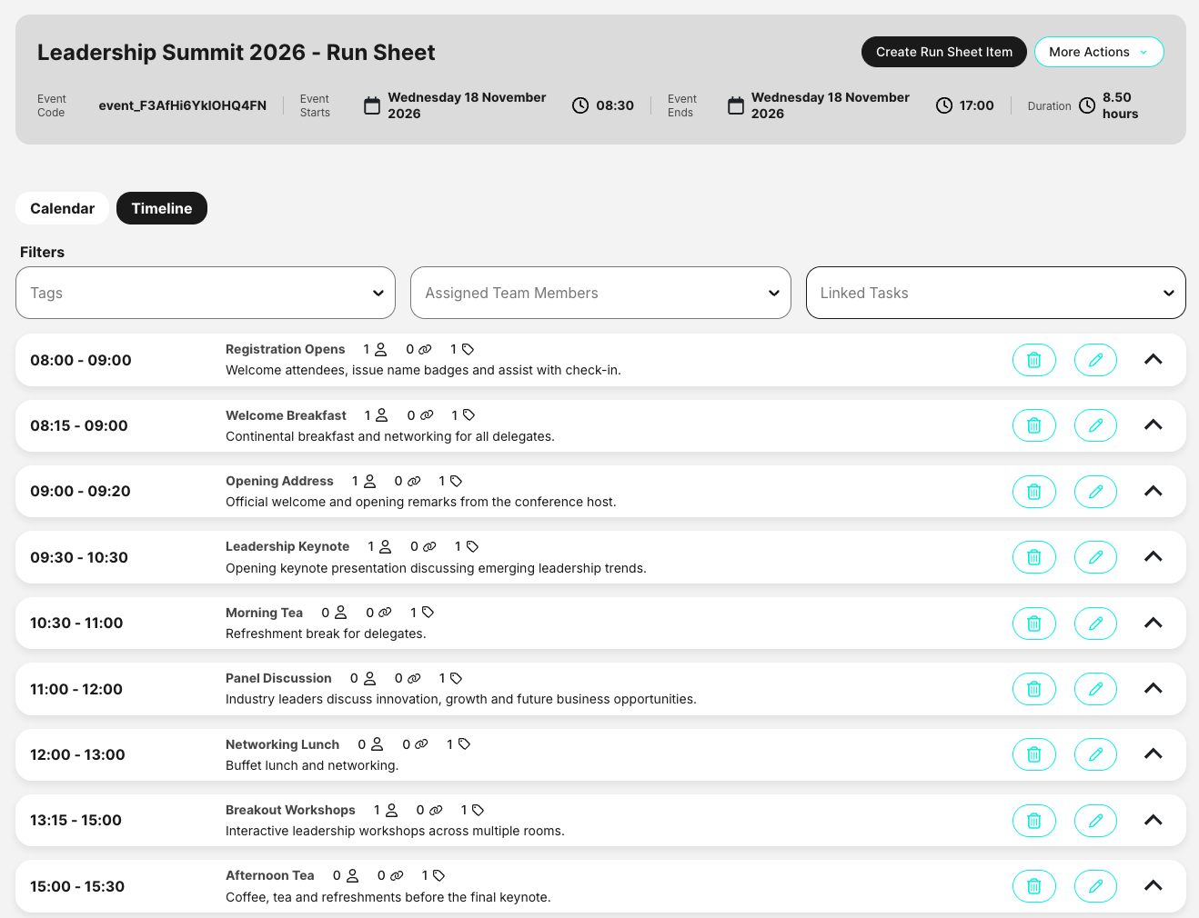 Circolo event run sheet view